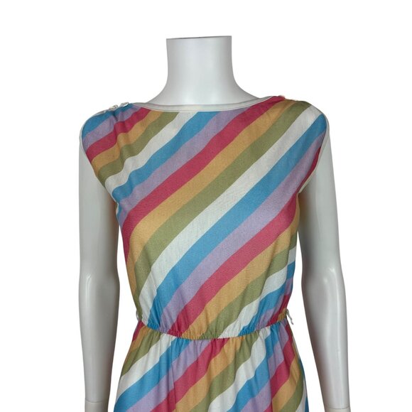 Vintage 80s Striped Dress Womens Small Pastel Rainbow Stripes Polyester Sheath - Picture 4 of 13